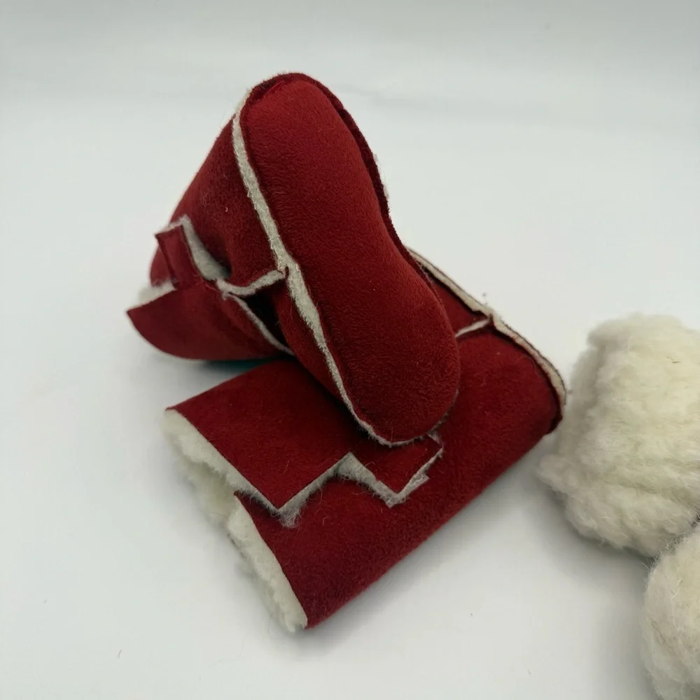 Newborn Girl's Infant Scandinavian Red Lamb Wool Leather Fuzzy Boots & Gloves NB